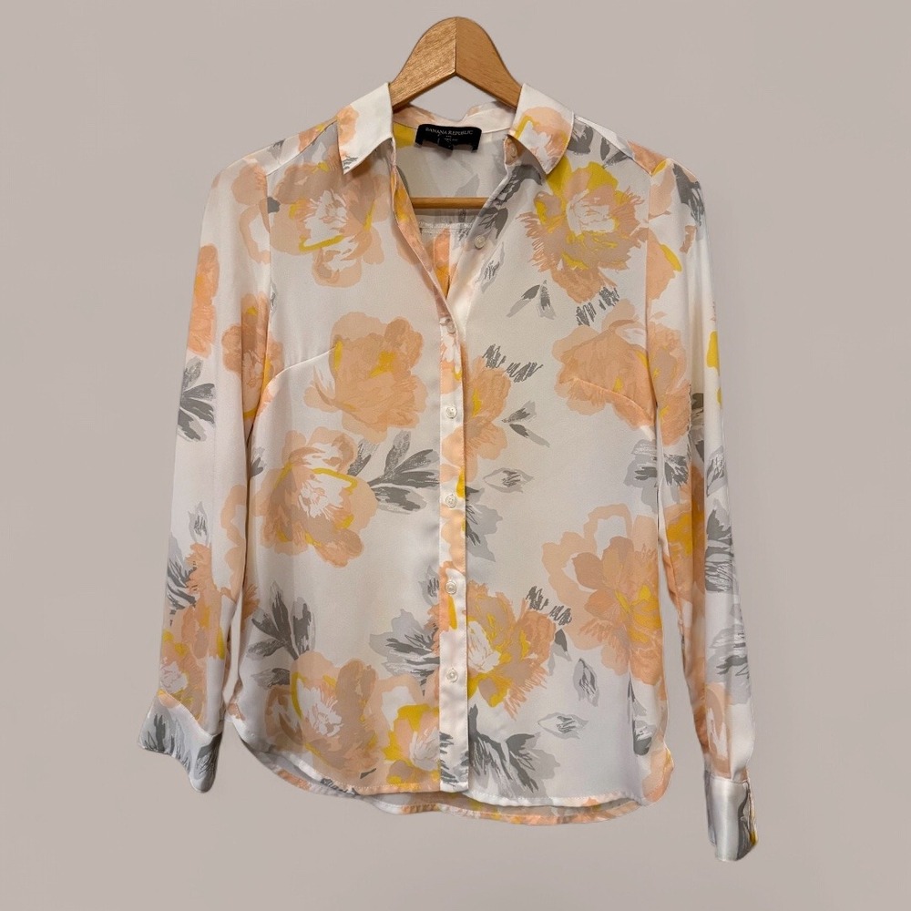 Banana Republic Lt Wt Floral‎ Petite XXS Classic Fit Blouse Business Casual Work